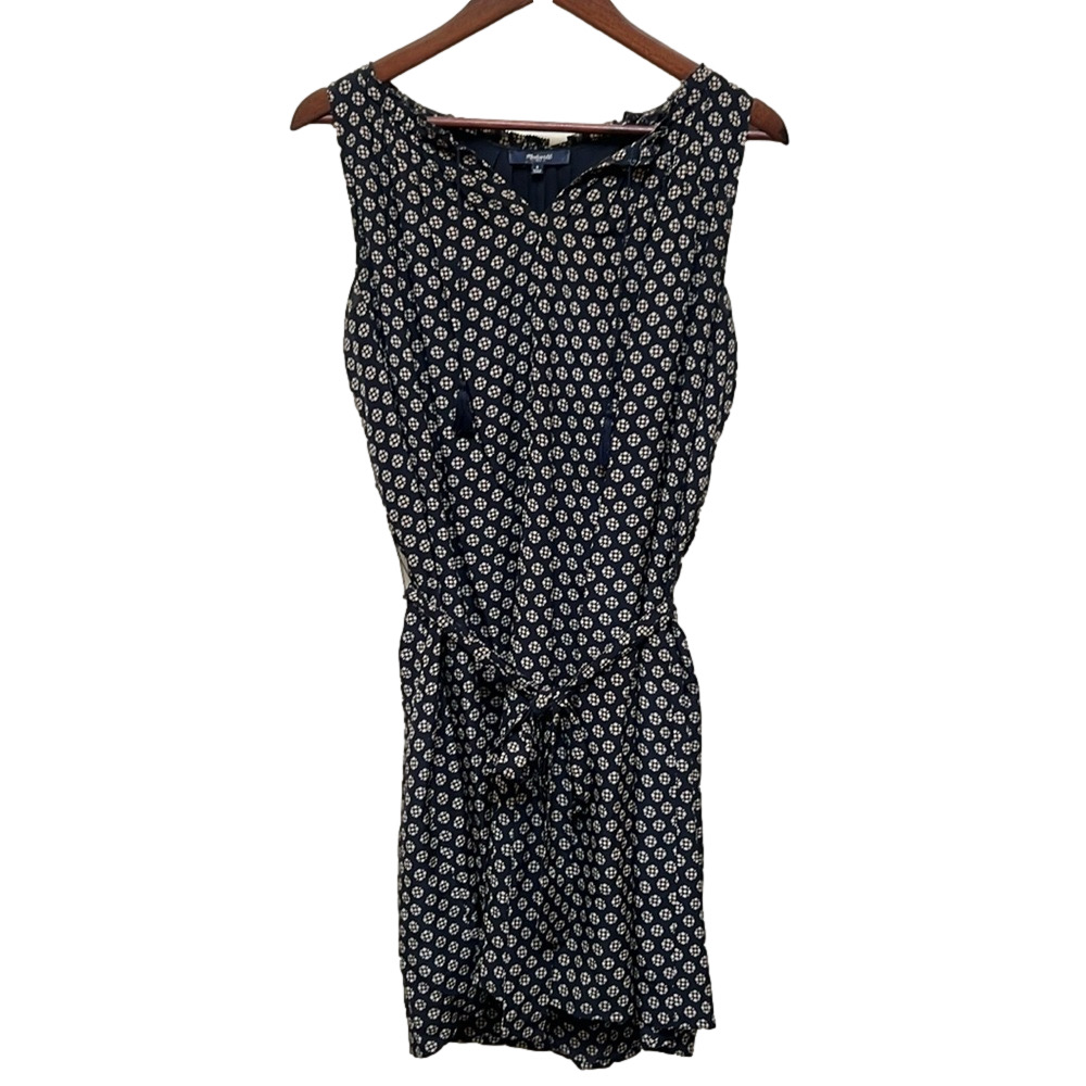 Madewell Silk Knee Length Sleeveless Dress Navy Cream Pattern Small Classic